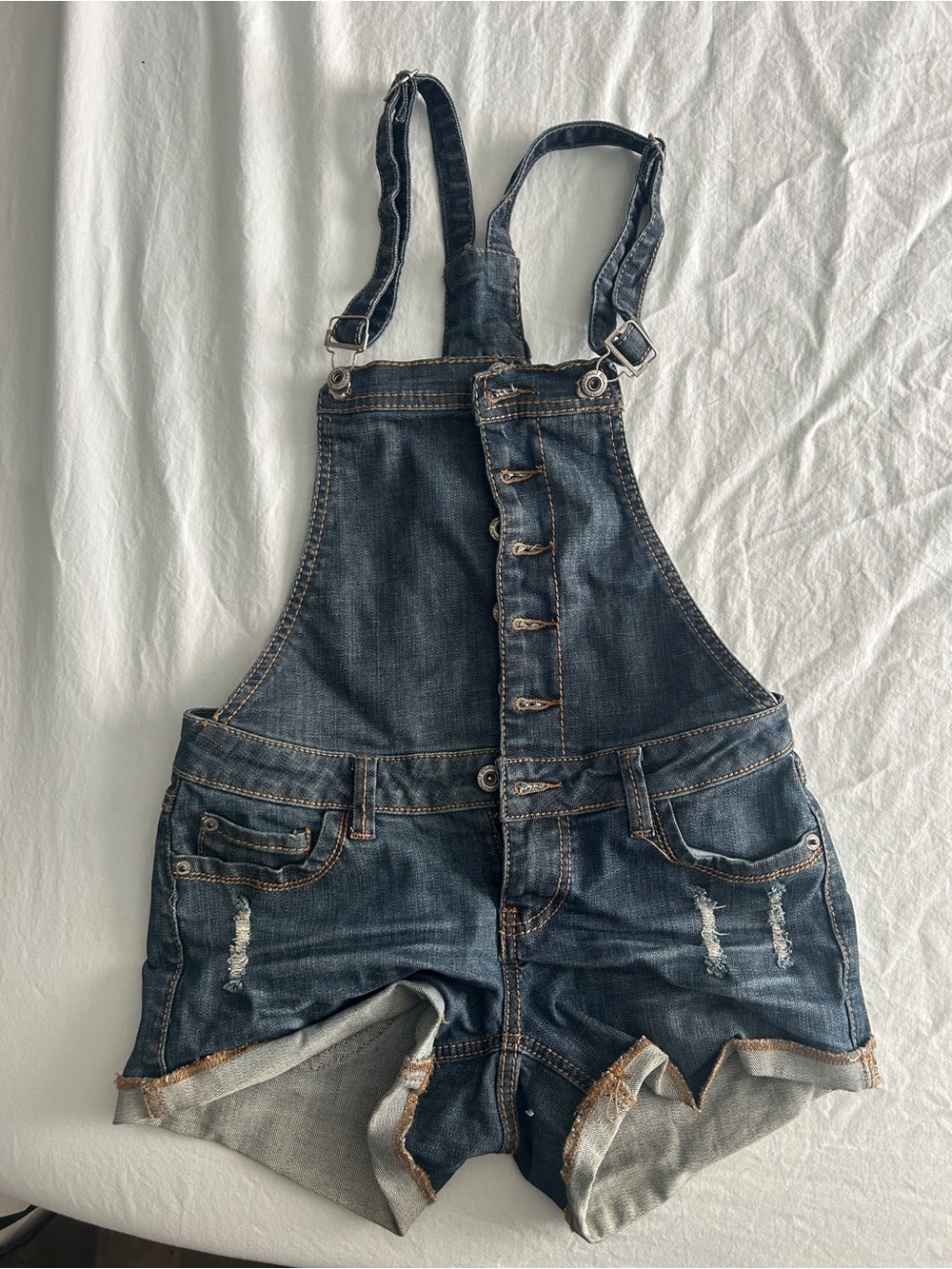 Blue Asphalt Denim Short Overalls in Indigo Wash